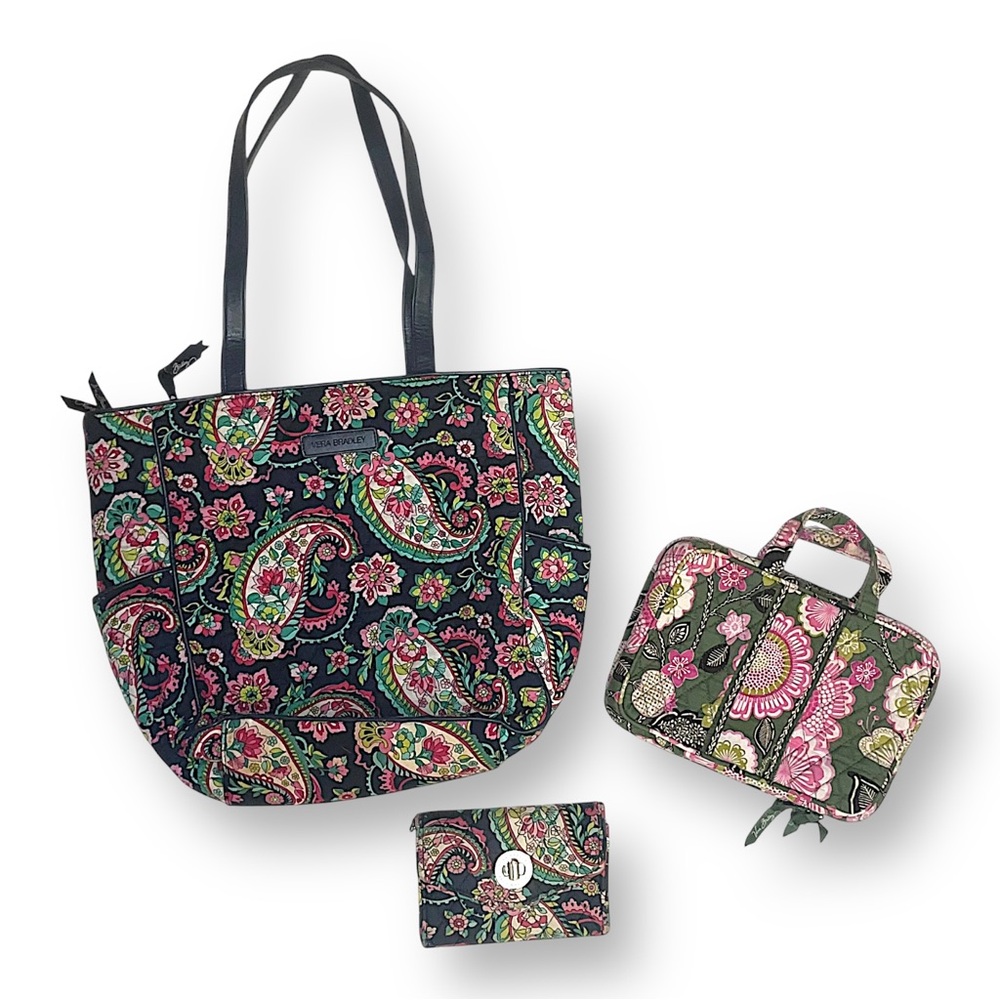 Vera Bradley Navy Paisley Tote with Pink & Green Accents - 3-Piece Set